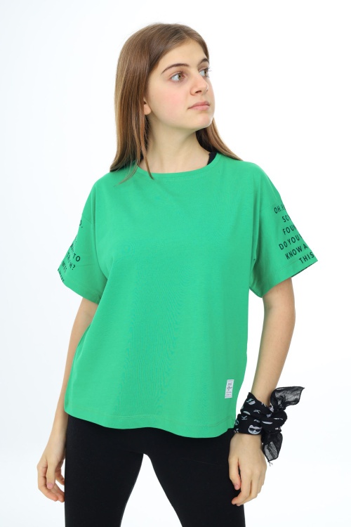 Yeşil Kolları Yazı Baskılı Armalı Kız Çocuk Basic Tişört 17795