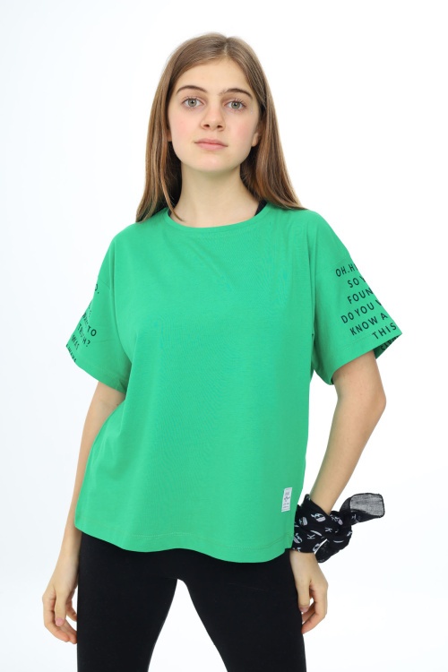 Yeşil Kolları Yazı Baskılı Armalı Kız Çocuk Basic Tişört 17795