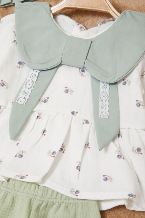 Yeşil Kurdele Yakalı Desenli Kız Bebek Yenidoğan 3lü Takım 17626