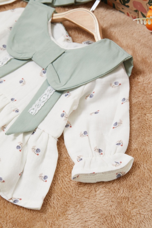 Yeşil Kurdele Yakalı Desenli Kız Bebek Yenidoğan 3lü Takım 17626