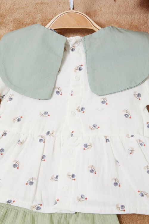 Yeşil Kurdele Yakalı Desenli Kız Bebek Yenidoğan 3lü Takım 17626