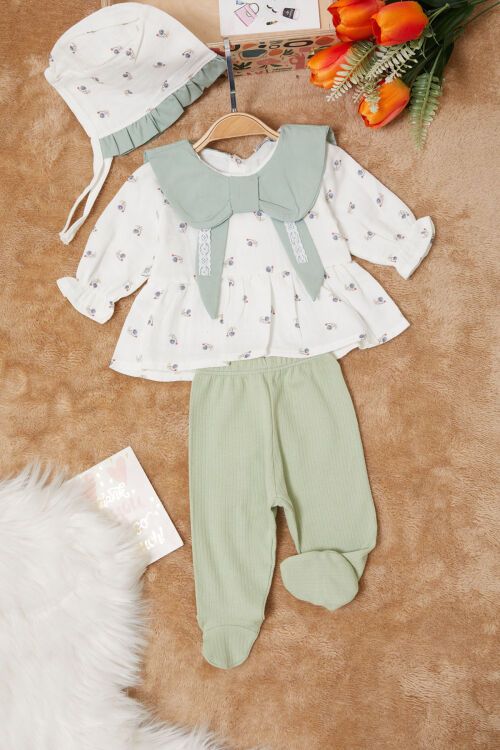 Yeşil Kurdele Yakalı Desenli Kız Bebek Yenidoğan 3lü Takım 17626