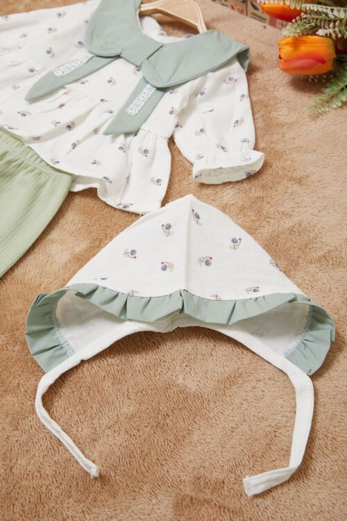 Yeşil Kurdele Yakalı Desenli Kız Bebek Yenidoğan 3lü Takım 17626