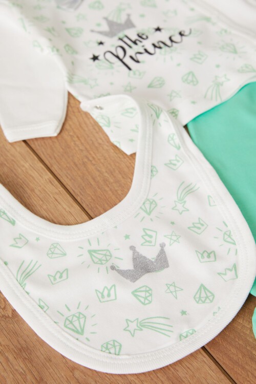 Yeşil Prens Baskılı Şapkalı Erkek Bebek 5li Zıbın Takımı 17520