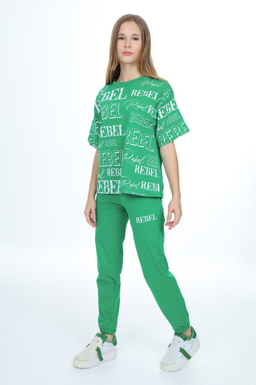Yeşil Rebel Yazı Baskılı Kız Çocuk Takım 17838