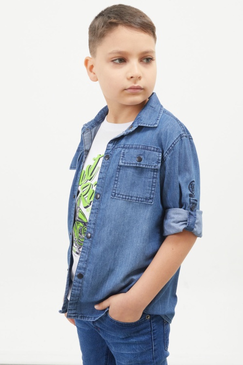 Yeşil Ride Baskılı Jean Gömlekli T-shirt Erkek Çocuk 2li Takım 17568