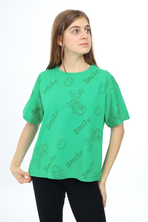Yeşil Smile Baskılı Bisiklet Yaka Kız Çocuk T-shirt 17763
