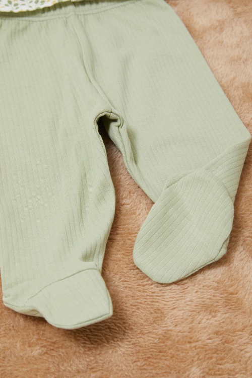 Yeşil Yaprak Desenli Fiyonklu Şapkalı Kız Bebek Yenidoğan 3lü Takım 17623