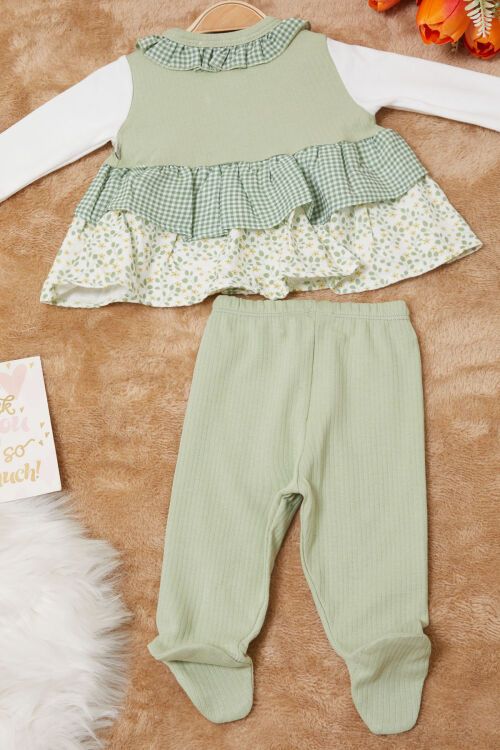 Yeşil Yaprak Desenli Fiyonklu Şapkalı Kız Bebek Yenidoğan 3lü Takım 17623