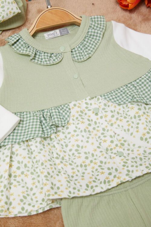 Yeşil Yaprak Desenli Fiyonklu Şapkalı Kız Bebek Yenidoğan 3lü Takım 17623