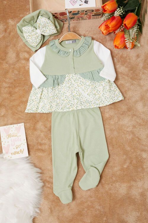 Yeşil Yaprak Desenli Fiyonklu Şapkalı Kız Bebek Yenidoğan 3lü Takım 17623