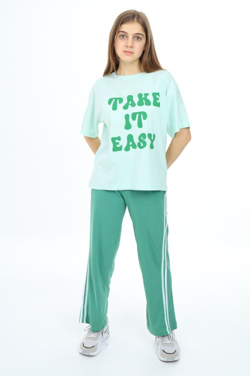 Yeşil Yazı Baskılı Kısa Kollu Kız Çocuk Takım 17953