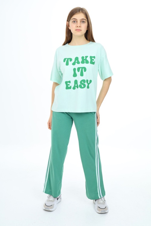 Yeşil Yazı Baskılı Kısa Kollu Kız Çocuk Takım 17953