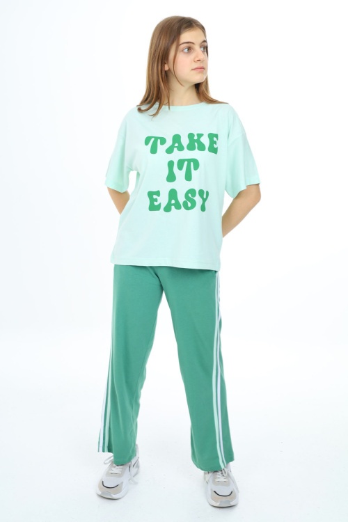 Yeşil Yazı Baskılı Kısa Kollu Kız Çocuk Takım 17953