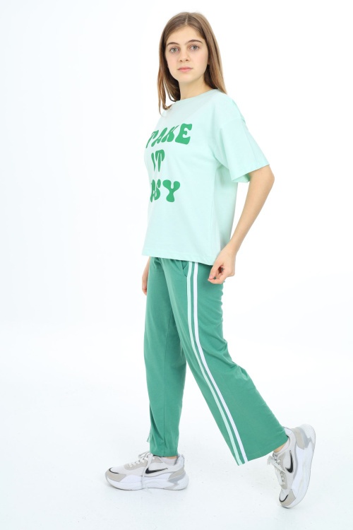 Yeşil Yazı Baskılı Kısa Kollu Kız Çocuk Takım 17953