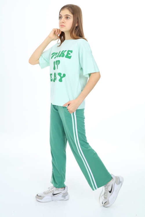 Yeşil Yazı Baskılı Kısa Kollu Kız Çocuk Takım 17953