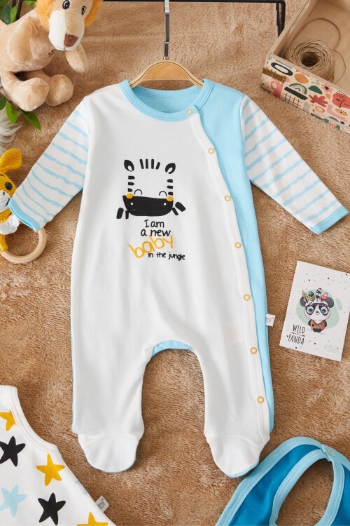 Zebra Baskılı Önlüklü Erkek Bebek Badi ve Tulum Takımı 17513