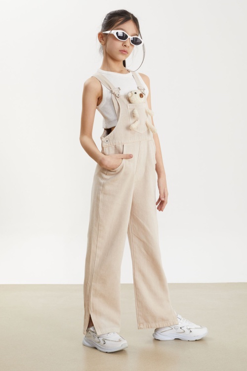 Bej Ayıcık Cepli Yırtmaçlı Kız Çocuk Salopet Tulum 17713