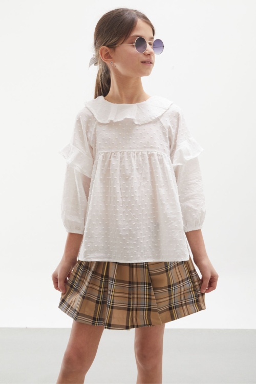 Bej Ekose Desenli Şort Etekli Gömlekli Kız Takım 17977