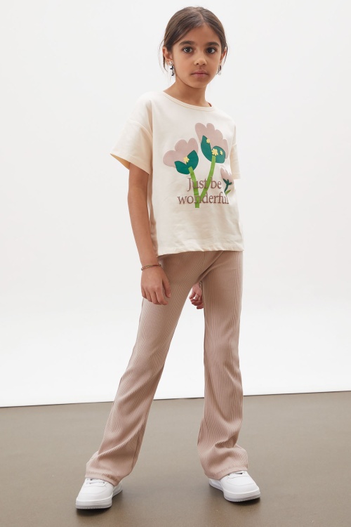 Bej Lale Baskılı İspanyol Paça Fitilli Taytlı Kız Çocuk Takım 17994