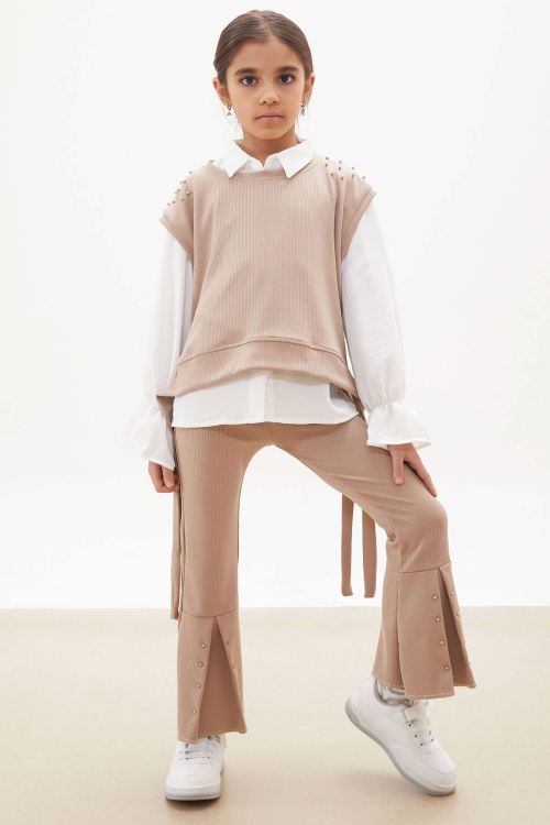 Bej Süveterli Gömlekli Boncuk Detaylı Yırtmaçlı Taytlı Kız Çocuk Takım 18177