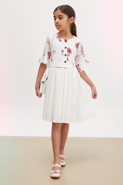 Ekru Gül Desenli Kısa Kollu Çantalı Kız Çocuk Pileli Elbise 18194