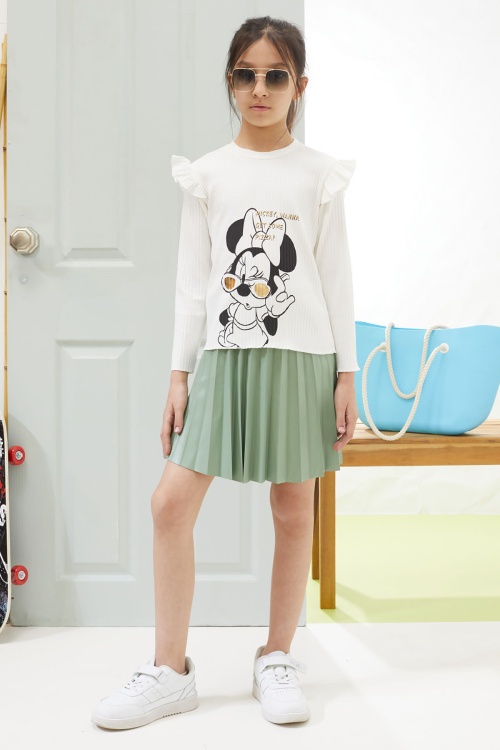 Ekru Karakter Baskılı Badili Deri Etekli Kız Çocuk Takım 18607