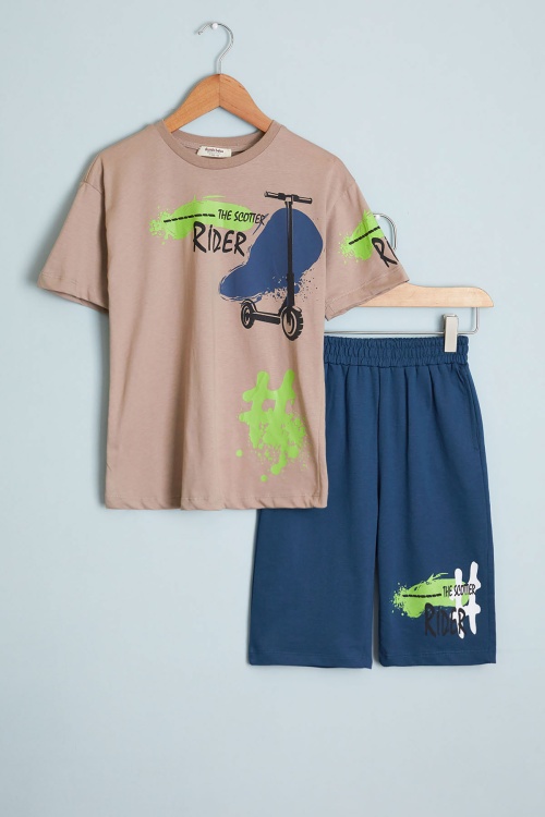Erkek Çocuk Kahve Rider Baskılı Tişörtlü Şortlu Takım 18595