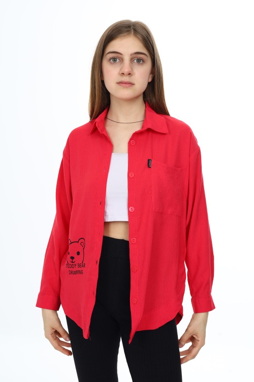 Fuşya Ayıcık Baskılı Yırtmaçlı Kız Çocuk Düğmeli Gömlek 18415