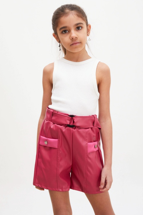 Fuşya Kemerli Ön Cepli Kız Çocuk Deri Şort 18217