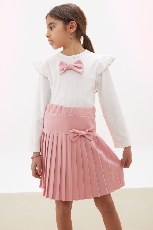 Gül Kurusu Piliseli Etekli Uzun Kol Badili Kız Çocuk Elbise Takımı 17744