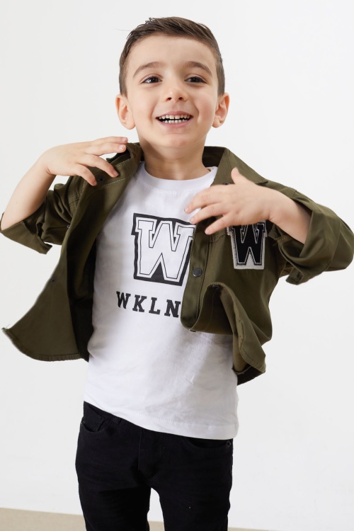 Haki Nakışlı Jean Gömlekli Tişörtlü Erkek Çocuk 2li Takım 18235