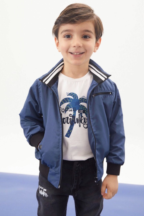 İndigo Palmiye Baskılı Tişörtlü Erkek Çocuk Ceketli 3lü Takım 17702