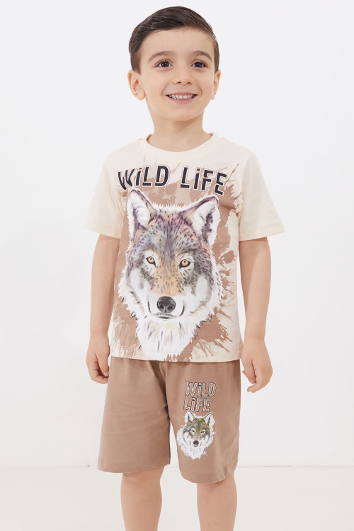 Kahve Kurt Baskı Bisiklet Yaka Erkek Çocuk Şortlu Takım 18681