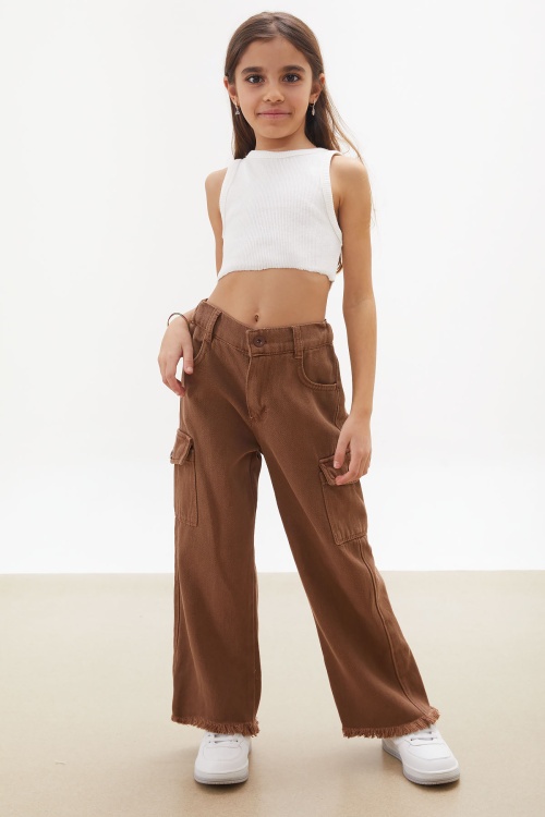 Kahverengi Kargo Cepli Püsküllü Geniş Paça Kız Jean Pantolon 18233