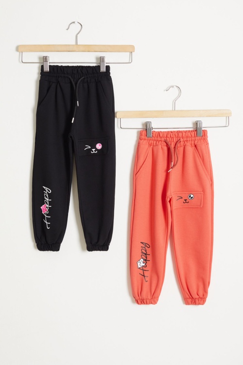 Kedi Baskılı Lastikli Paça Kız Çocuk 2li Eşofman Altı Siyah-Turuncu 18374