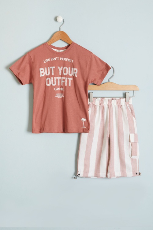 Kiremit Outfit Baskılı Tişörtlü Erkek Çocuk Şortlu Takım 18459