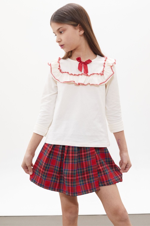 Kırmızı Ekose Desenli Şort Etekli Fiyonklu Bluzlu Kız Çocuk Takım 18268
