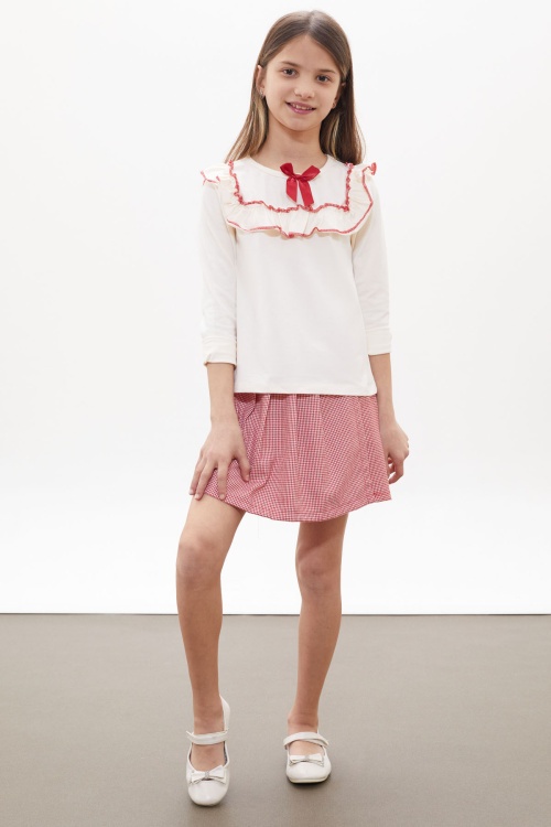 Kırmızı Kazayağı Desenli Şort Etekli Fiyonklu Bluzlu Kız Çocuk Takım 18266