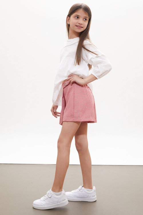 Kırmızı Kazayağı Desenli Şort Etekli Gömlekli Kız Takım 18261