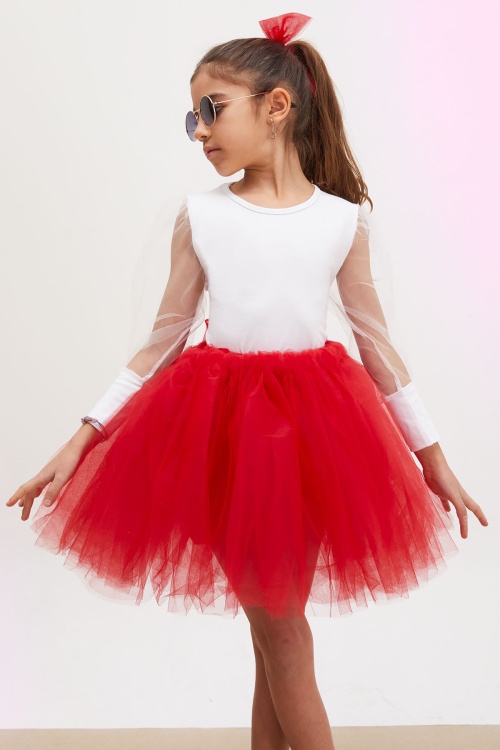 Kırmızı Tütü Etekli Kolları Tüllü Bluzlu Kız Çocuk Elbise Takımı 17732