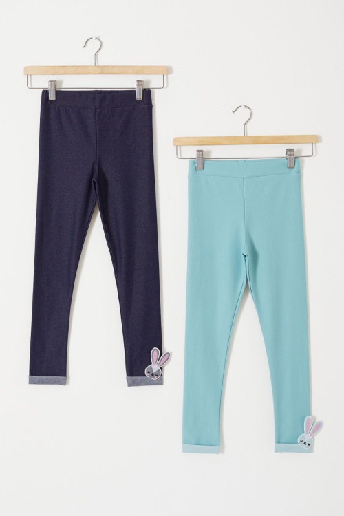 Kız Çocuk Paçası Tavşan Detaylı 2li Tayt Lacivert-Yeşil 18208