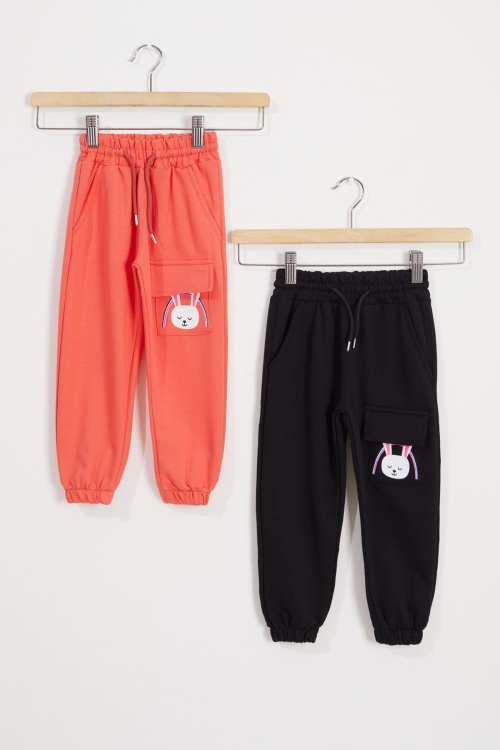 Kız Çocuk Tavşan Baskılı Cepli 2li Eşofman Altı Siyah-Turuncu 18436