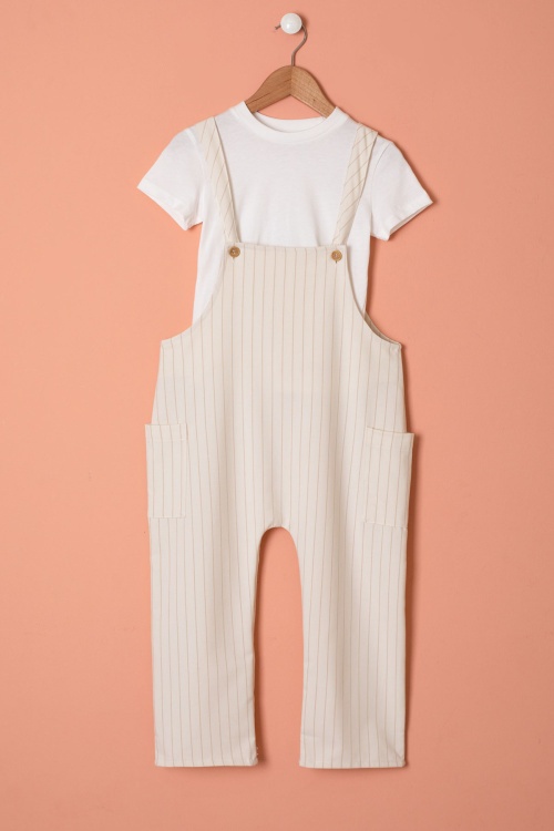 Krem Çizgili Beyaz Tişörtlü Çocuk Salopet Tulum Takımı 18402