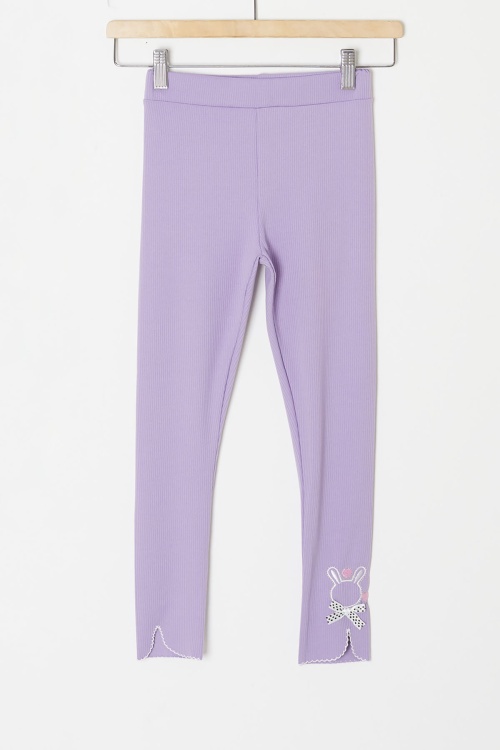 Lila Fiyonklu Tavşan Nakışlı Fitilli Kız Çocuk Yırtmaçlı Tayt 18152