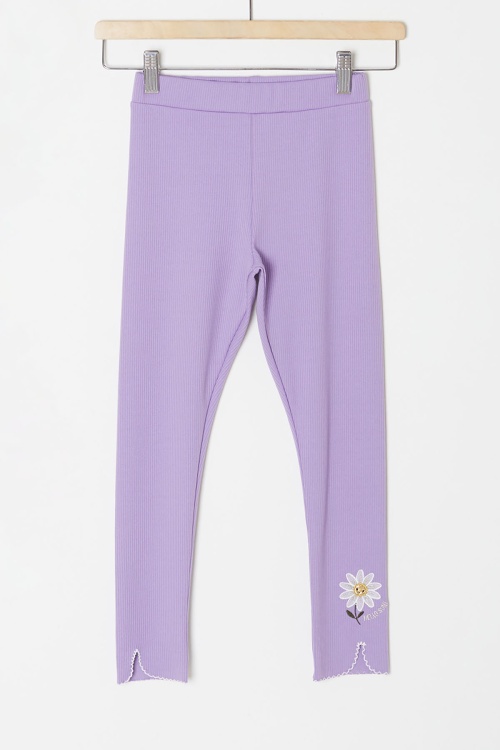 Lila Papatya Nakışlı Fitilli Kız Çocuk Yırtmaçlı Tayt 18140