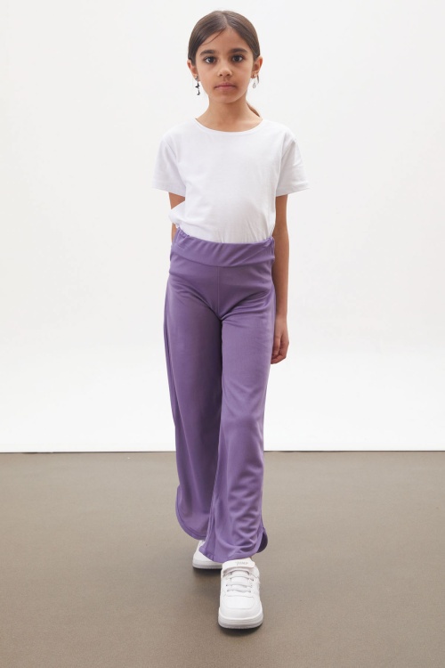 Lila Yırtmaçlı Paça Kuşaklı Viskon Kumaş Kız Pantolon 18101