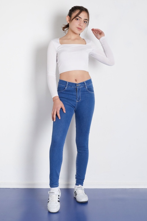 Mavi Beli Lastikli Kız Çocuk Jean Pantolon 17761