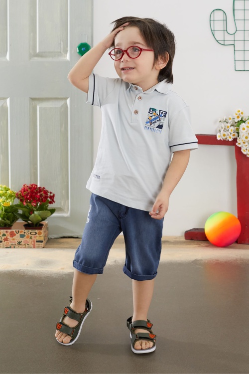 Mavi Skate Baskılı Polo Yaka Erkek Çocuk Jean Şortlu Takım 18742