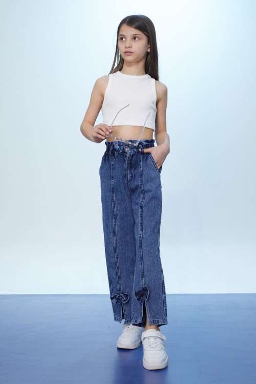 Mavi Yüksek Bel Yırtmaçlı Paçası Fiyonklu Kız Çocuk Jean Pantolon 18368